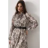 Yılan Desen Uzun Yaka Detaylı Elbise - Krem-Siyah