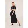 Yırtmaç Detaylı Kısa Kollu Salaş Maxi Siyah Elbise