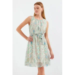 2501 Desenli Sıfır Kol Şifon Elbise - Mint