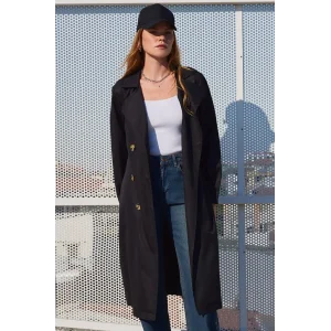 5853 Kruvaze Yaka Trençkot - Siyah