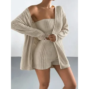 Kadın Uzun Kollu önü Açık şardonlu Kaşkorse Ceket Büstiyer Ve Short üçlü