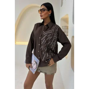 Ay Figürlü Taş İşlemeli Poplin Gömlek 3440