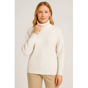 Balıkcı Yaka Bağazlı Triko Kazak Pamuklu Kalın Fitilli Dokuma - Beyaz