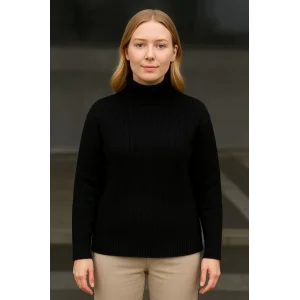 Balıkcı Yaka Bağazlı Triko Kazak Pamuklu Kalın Fitilli Dokuma - Siyah