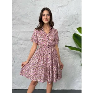 Baskılı Keten Elbise - Lila