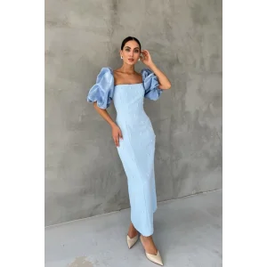 Bebe Mavi İşlemeli Kolu Garnili Elbise