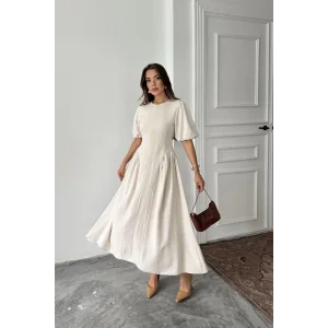 Bej Arkadan Bağlamalı Büzgülü Keten Elbise