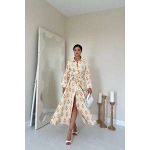 Bej Desenli Ve Önü Düğmeli Keten Elbise