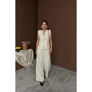 Bej Keten Yelek Pantolon Takım