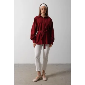 Bel Detaylı Gömlek - Bordo