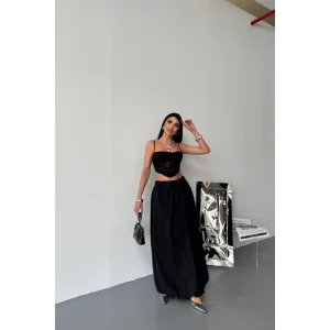 BEL LASTİKLİ BALON ETEK ŞANEL BOY SOFT KUMAŞ - Siyah