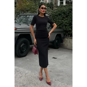 Beli Büzgülü Midi Elbise 2853