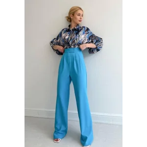 Beli Lastikli Saten Gömlek - Mavi