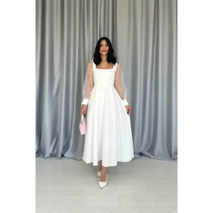 Beyaz Kolları Organze Kuplu Elbise