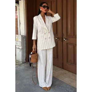 Blazer Ceketli Çizgili Keten Takım 10186
