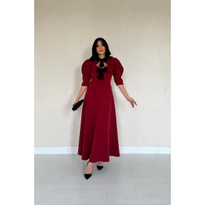 Bordo Ön Dekolteli Fiyonk Garnili Uzun Elbise