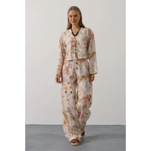 Çiçek Desen Önü Bağlamalı Pantolon Takım - Taş