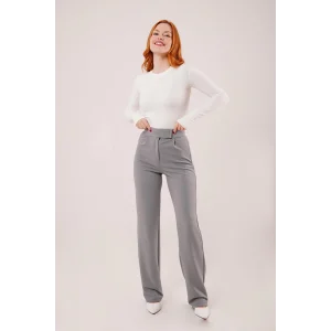 Cırt Kapama Detaylı Gri Pantolon