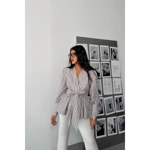 ÇİZGİLİ BAĞLAMA DETAYLI KRUVAZE POPLİN GÖMLEK - Kahverengi