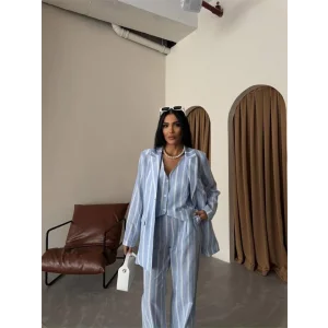 ÇİZGİLİ CEKET KETEN - Mavi