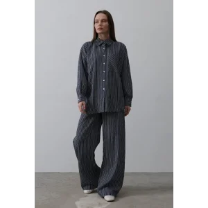 Çizgili Cep Detaylı Oversize Takım - Lacivert