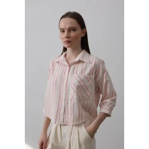 Çizgili Kısa Gömlek - Bej Pembe