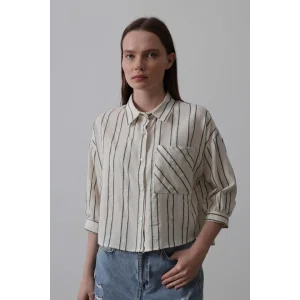 Çizgili Kısa Gömlek - Bej-Yeşil