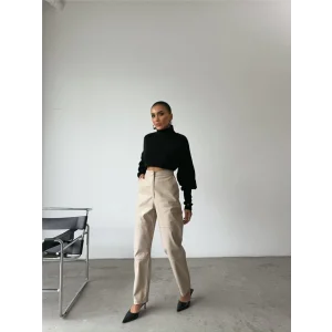 DERİ PANTOLON DİZ PARÇALI - Taş