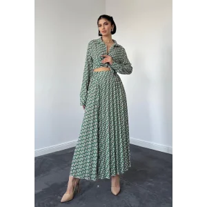 Desenli Viskon Gömlek Ve Etek Takım - Yeşil