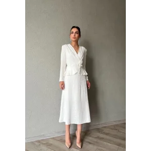 Ekru Pile Detaylı Kruvaze Elbise