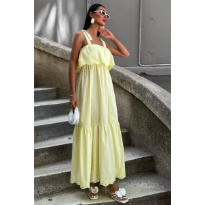 Etek Ucu Brode Nakışlı Boyundan Bağlamalı Elbise 2881