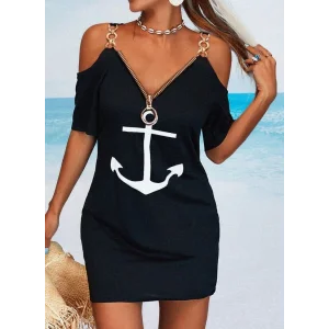 Fermuar Detay çıpa Baskılı Zincir Askılı Viskon Elbise