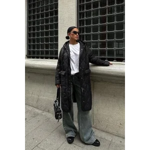 Fermuar Ve Kapşonlu Uzun Kapitone Mont 7062