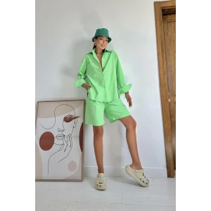 Fıstık Yeşili Önü Cepli Gömlek Ve Şort Takım