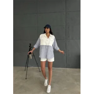 GABARDİN ŞORT - GABARDİN - ÇİZGİLİ KETEN GARNİLİ CEKET TAKIM - Lacivert