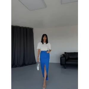 GABARDİN UZUN ÖNDEN YIRTMAÇLI ETEK - Saks