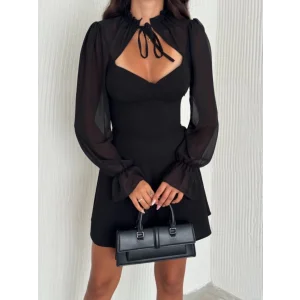Göğsü Bağlamalı Kalp Yaka Kolları Şifon Mini Elbise - Siyah