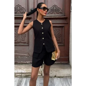 Gold Düğme Detaylı Yelek Şort Cotton Takım 10134-17