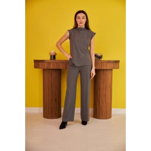 Gri Sıfır Kol Düğmeli Gömlek Takım