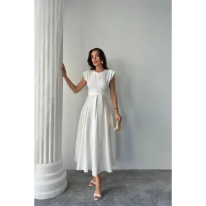 JAKAR KETEN VATKALI ELBİSE - Beyaz