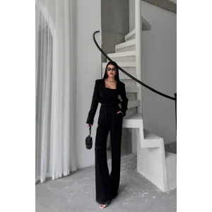 JAKARLI BLUZU TASARIM DETAYLI CEKET-PANTOLON-BLUZ 3 LÜ TAKIM - Siyah