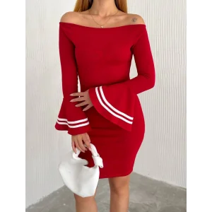 Kadın Akrilik Kumaş Ispanyol Kol Madonna Yaka Mini Elbise