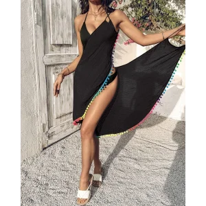 Kadın Askılı Derin V Yakalı çapraz Geçmeli Ponponlu Bürümcük Pareo