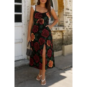 Kadın Askılı Geniş V Yakalı Sırttan Bağlamalı Yırtmaçlı Süprem Elbise