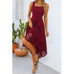 Kadın Askılı Geometrik Yaka çiçek Lazer Kesim Ithal Krep Elbise