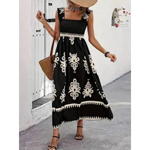 Kadın Askılı Kare Yaka Gipe Detaylı Desenli Suprem Elbise