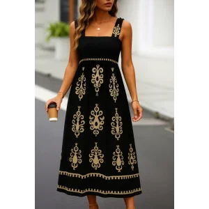 Kadın Askılı Kare Yaka Gipe Detaylı Desenli Suprem Elbise