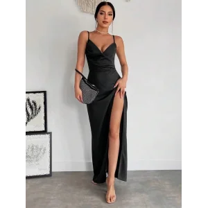 Kadın Askılı Kruvaze Yakalı Yırtmaçlı Krep Elbise