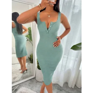 Kadın Askılı önü Düğmeli Midi Kaşkorse Elbise