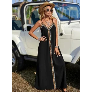 Kadın Askılı V Yakalı Etnik şerit Detaylı Uzun Viskon Elbise